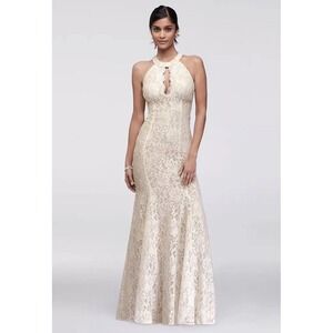 Nightway Glitter Lace Halter Keyhole Dress 4P Evening Gown Mermaid Wedding Prom